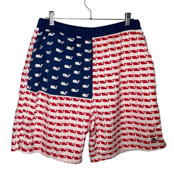 Vineyard Vines USA Flag Whale Chappy Trunks Drawstring Mesh Lining Pocket Mens M - Picture 1 of 8